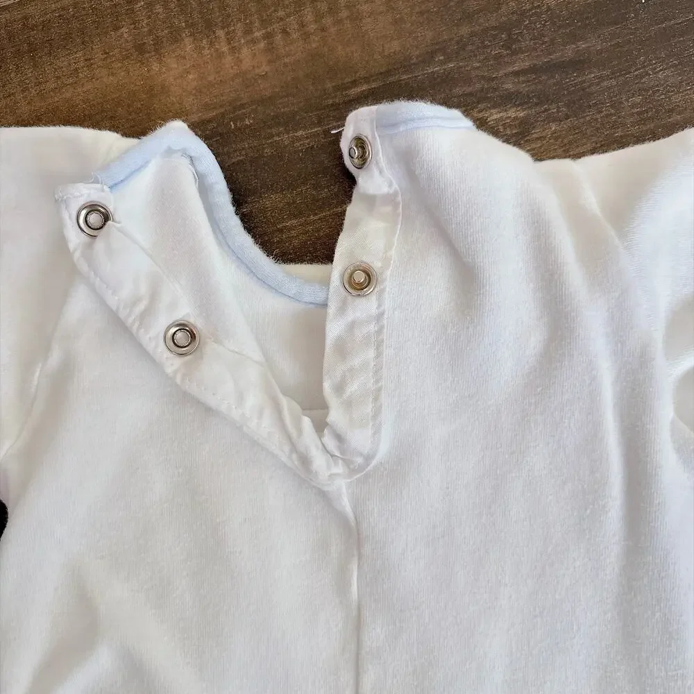 VINTAGE BABY DIOR EMBROIDERED SAILBOAT WHITE VELOUR ROMPER - 3 TO 6 M